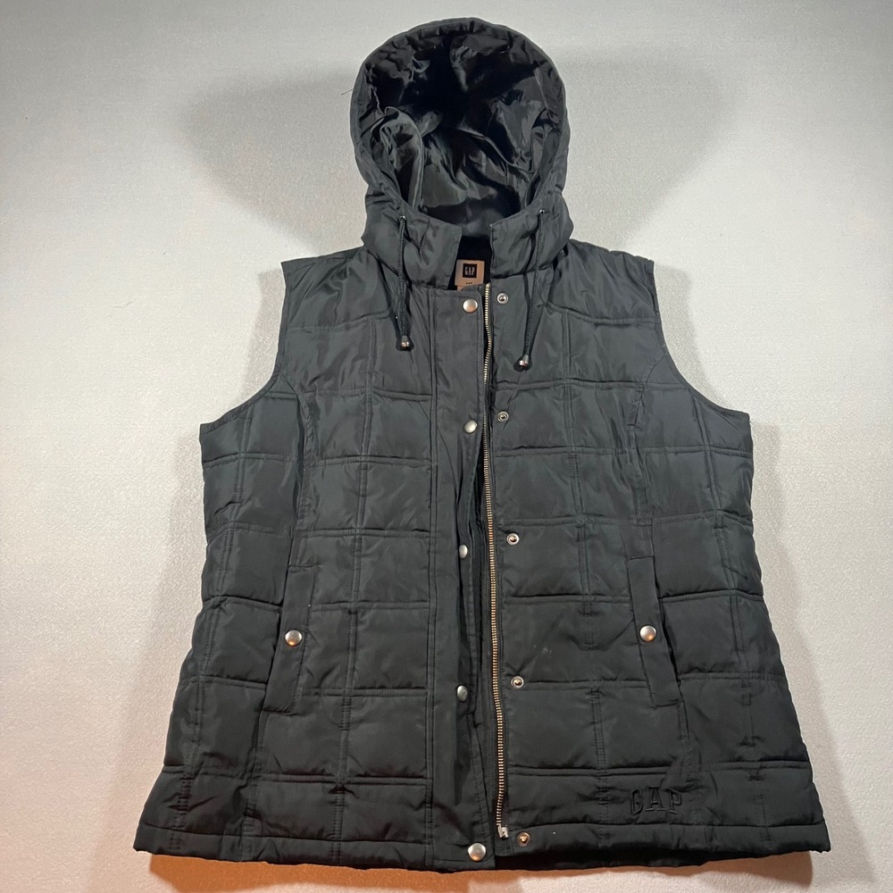 Gap Womens L Black Quilted Puffer Vest Hooded Full Zip Snap Button Outdoor Hike